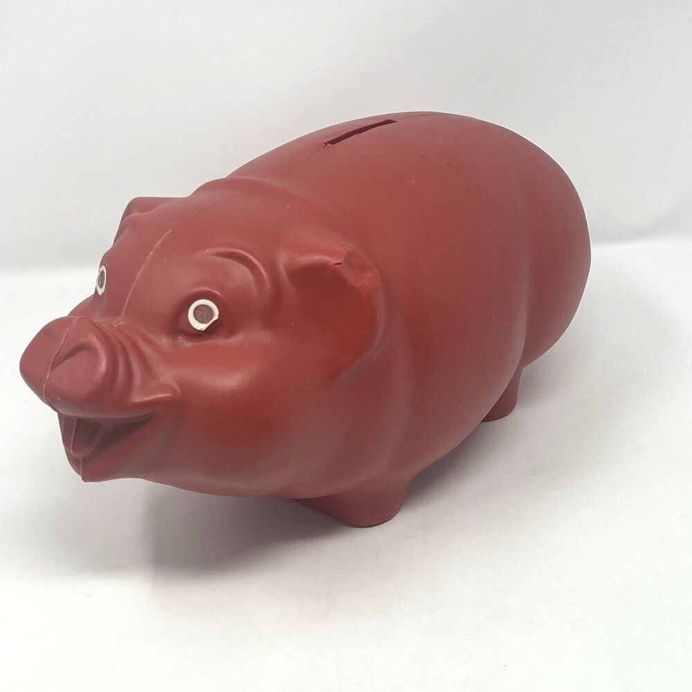 Vtg Toy Box Corp Piggy‎ Bank 12" Brick Red Plastic - Uncut Bottom - Distressed